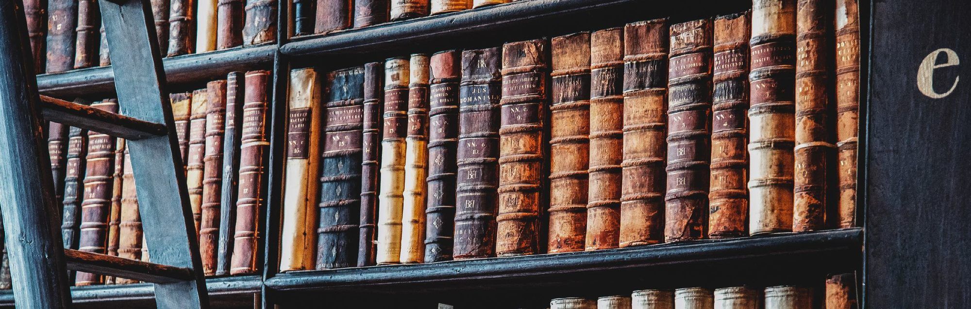 Regal mit alten, in Leder gebundenen Büchern und einer Holzleiter in einer Bibliothek
